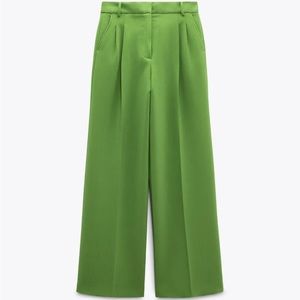 🍏 ZARA Green Trousers Pants High Mid Rise S 2 4 Office Wear to Work Pleated 🍏